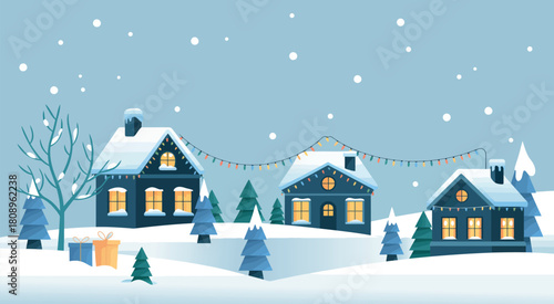 Flat design winter landscape minimalist houses with glowing Christmas lights illustration