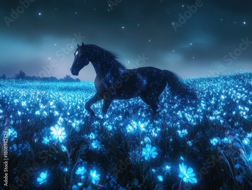 Black horse running across a field of blue flowers
