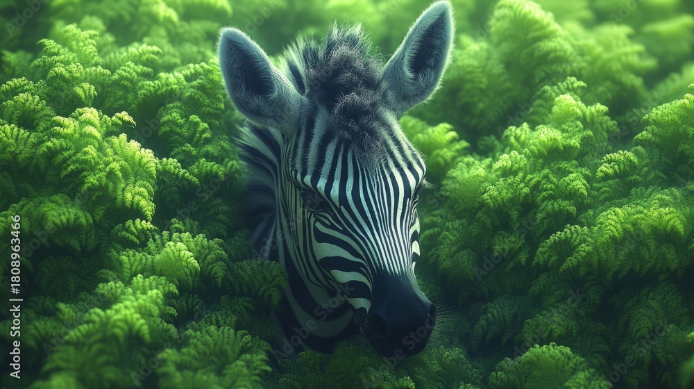 Naklejka premium A striking zebra peeks through vibrant green ferns, showcasing nature's beauty and wildlife's grace in harmony