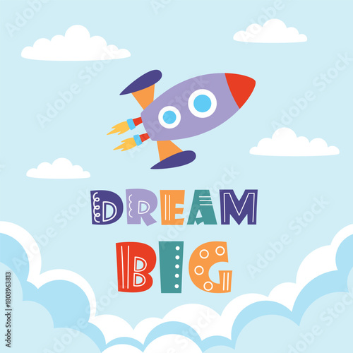 cartoon poster with rocket in sky