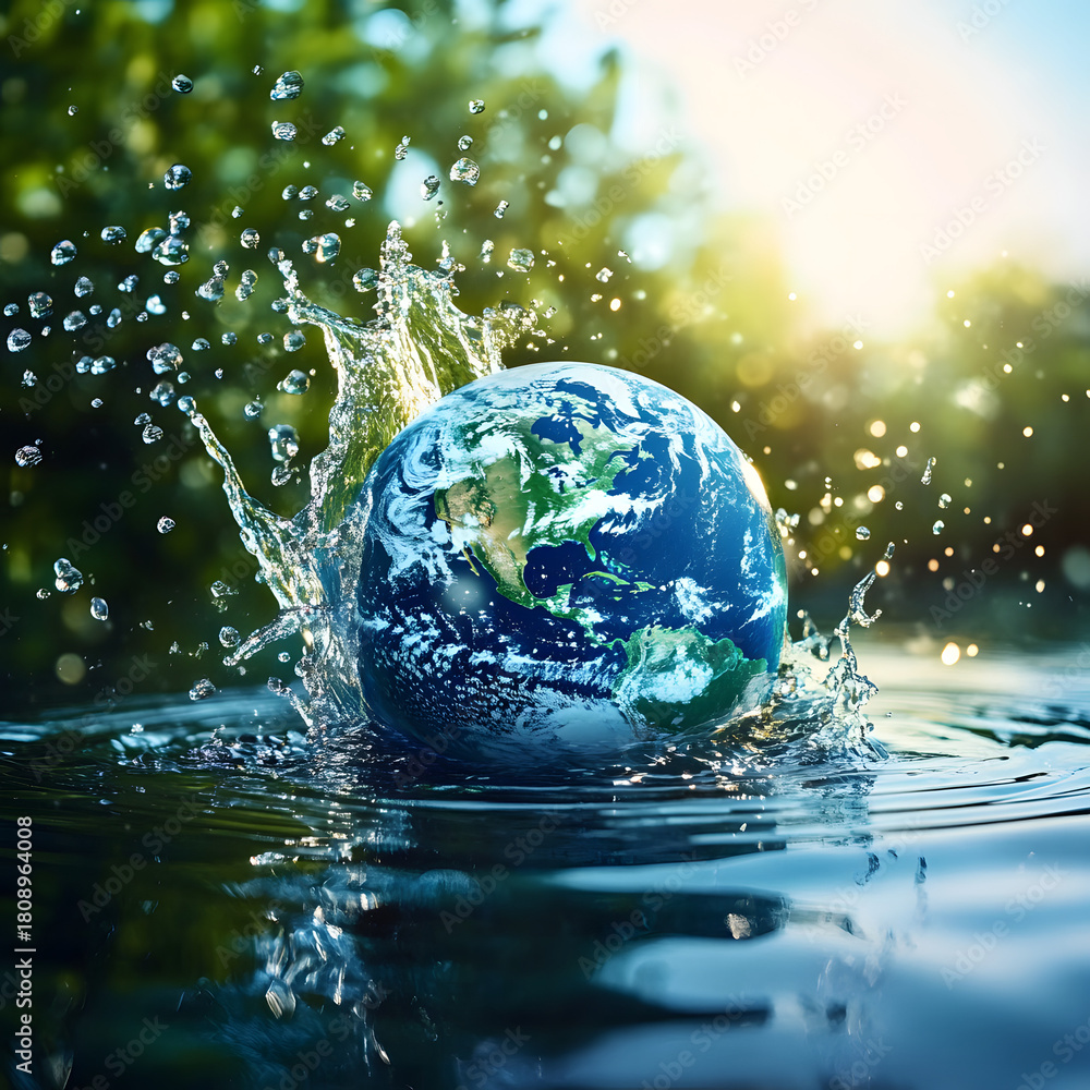 Fototapeta premium A small tree grows on a globe floating in water, symbolizing environmental conservation