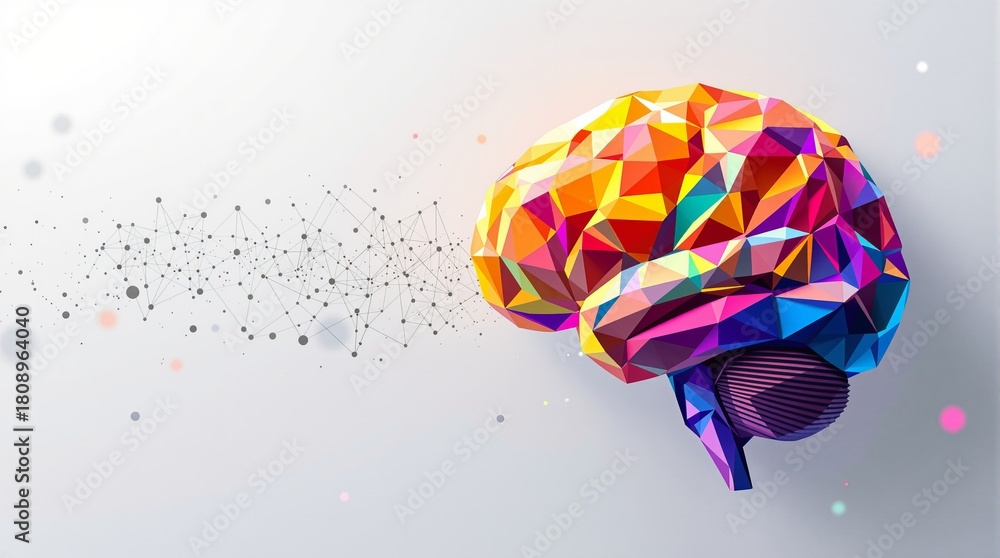 Fototapeta premium Artificial intelligence and creative thinking concept with a colorful low-poly brain and complex neural network