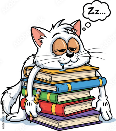 Tired cartoon cat sleeping on a stack of books with zzz bubble