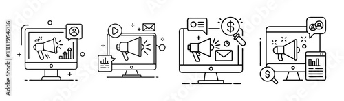 Digital marketing promotion and advertising online line icon set