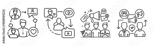 Digital marketing and social media engagement outline icon set