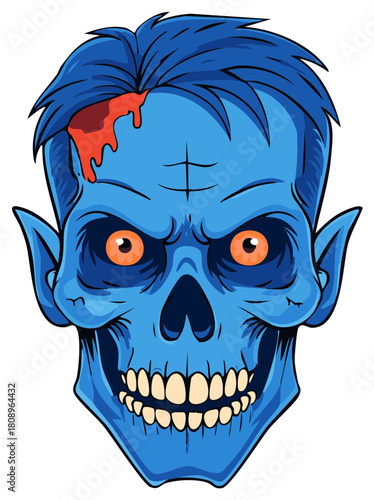 Scary Blue Zombie Head with Orange Eyes and Blood Splatter