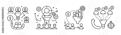 Sales funnel and marketing strategy line icons for business growth