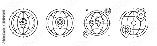 Global navigation, worldwide location, mapping, and pinpoint icons.
