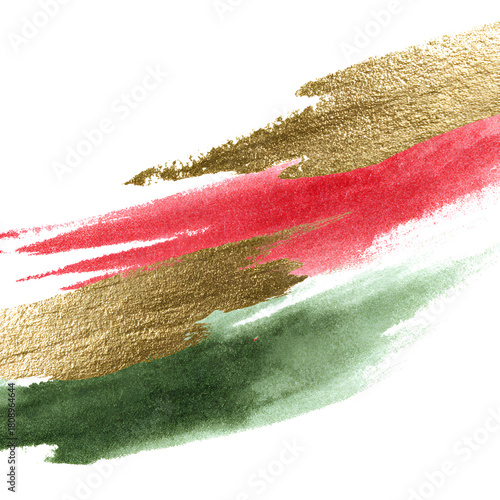 Diagonal red, green, and gold watercolor brush strokes PNG transparent for festive designs.