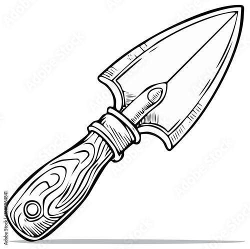 Detailed Line Art of a Pointed Gardening Trowel with a Wood Grain Handle and Shadow