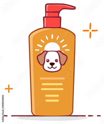 Sunscreen Dispenser with Dog Illustration, Pet Care Product, Isolated Cartoon Vector