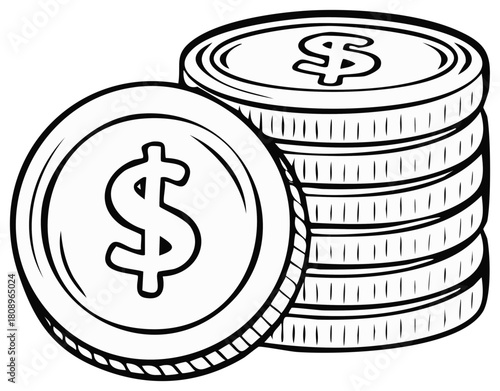 Hand drawn illustration of stacked coins with dollar signs for financial concepts