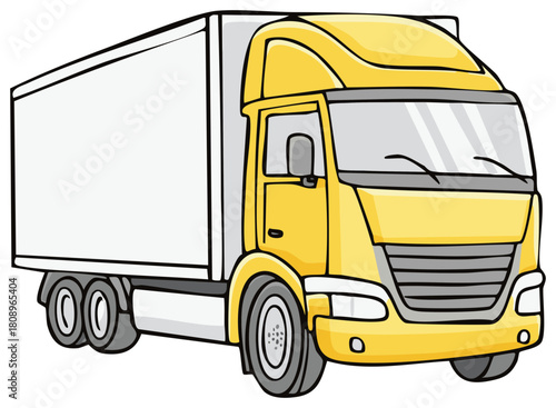 Cartoon Yellow Box Truck with White Cargo Trailer Illustration Isolated on White