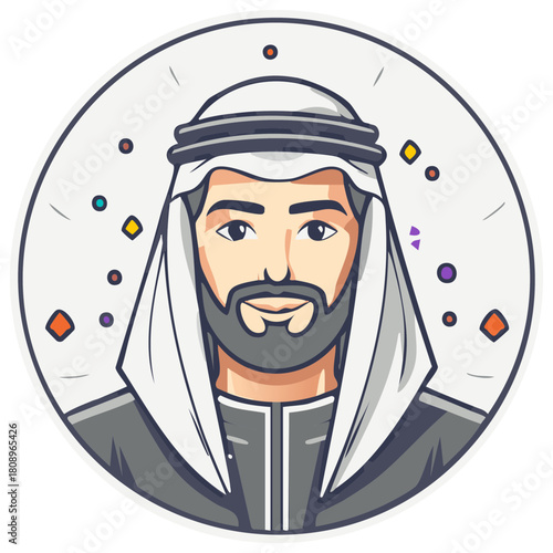 Modern cartoon style illustration of Middle Eastern man with beard wearing traditional ghutra and agal
