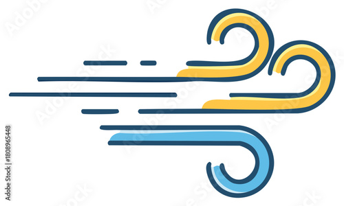 Abstract illustration of strong wind blowing with curved yellow and blue lines and motion streaks