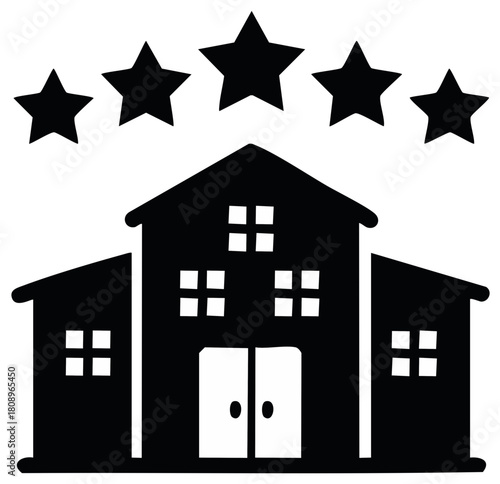Luxury hotel building icon with five stars representing premium quality accommodation and excellent service rating.
