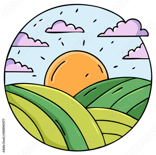 Cartoon landscape illustration of rolling hills, rising sun, and clouds within a circle.
