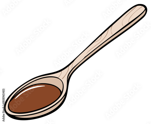 Cartoon wooden spoon with brown liquid medicine or syrup vector illustration