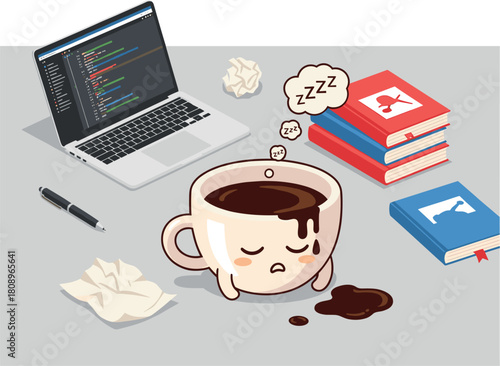 Tired cartoon coffee cup with laptop and books on desk