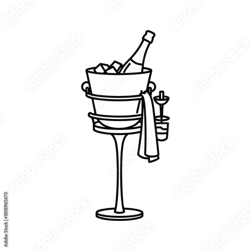 Elegant champagne bottle in ice bucket on a stand with glasses and towel, ready for celebration