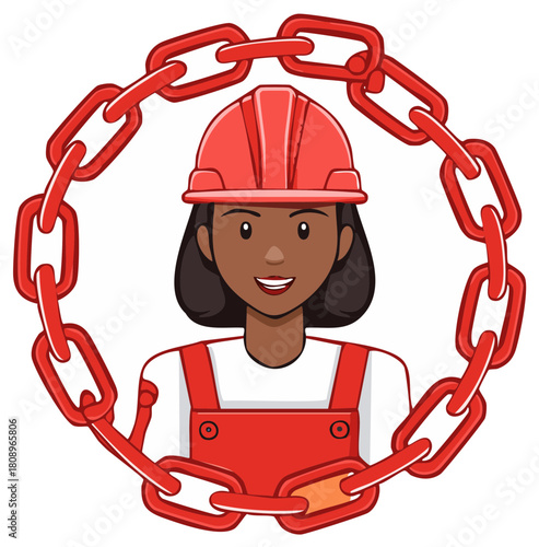 Woman construction worker in red hard hat and overalls encircled by a red chain symbolizing strength and connection