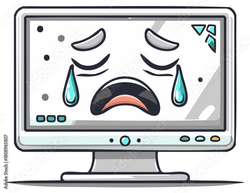 Sad cartoon computer monitor crying tears with a melancholic face and broken screen effect illustration