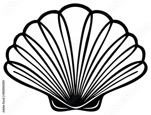 Stylized black and white scallop seashell outline illustration representing ocean life