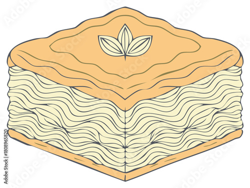 Traditional baklava pastry illustration showcasing layered phyllo dough and sweet honey syrup topping