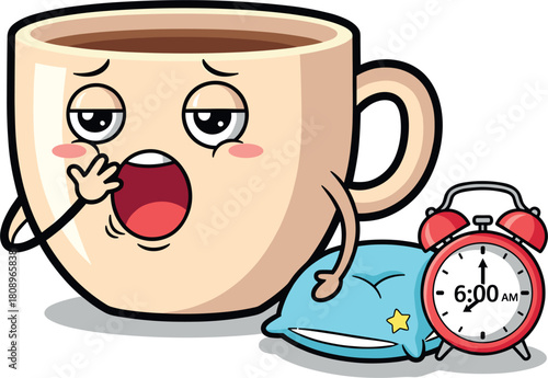 Tired coffee cup yawning next to alarm clock and pillow