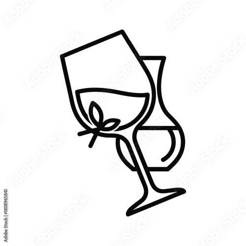 Minimalist line art icon of two elegant wine glasses with a delicate leaf, representing beverage and celebration