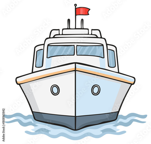 Cartoon motorboat floats on the waves, facing forward, with a red flag on top, illustration
