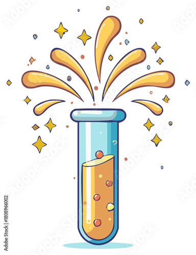 Cartoon test tube with bubbling liquid and sparkling elements for experiments and design