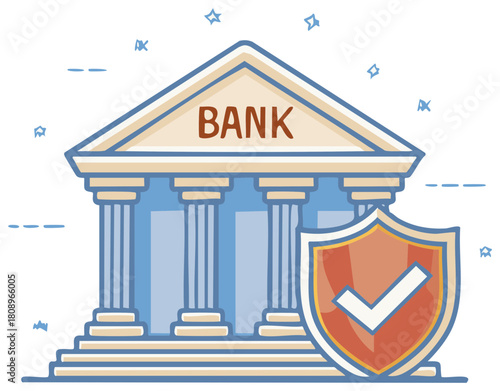 Bank building with protection shield and checkmark indicating financial security and safety