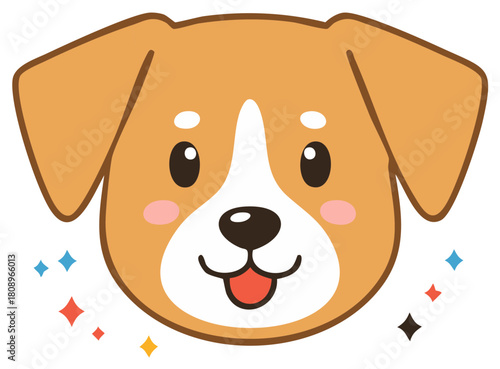 Cute cartoon dog face with sparkling stars and rosy cheeks