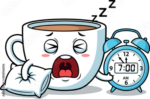 Tired coffee cup yawning next to alarm clock at seven am