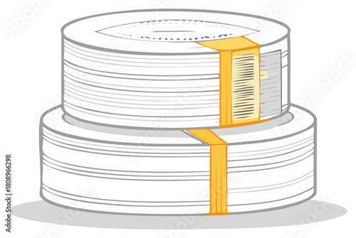 Stack of white paper disks held by yellow bands. Modern graphic illustration.