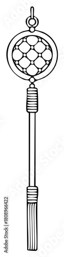 Intricate Line Art of a Symbolic Ornamental Object with a Tassel Featuring a Geometric Pattern