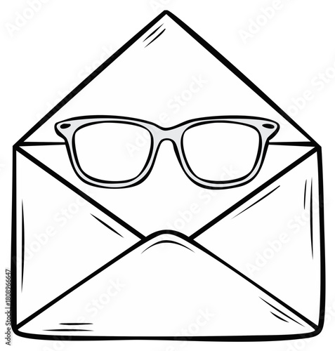 Retro Eyeglasses Peeking From Open Mail Envelope Black and White Sketch Illustration for Communication