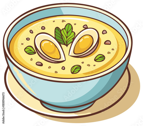 Creamy soup in a blue bowl with boiled eggs and herbs appetizing lunch dish illustration