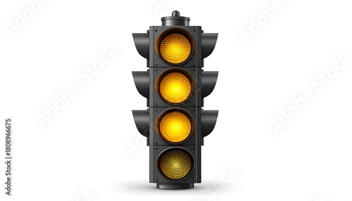 Isolated four-stack traffic light with all lamps glowing bright yellow, on white