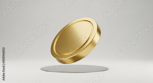 A shiny golden coin is levitating over a gray surface, casting a soft shadow, the coin is a symbol of wealth