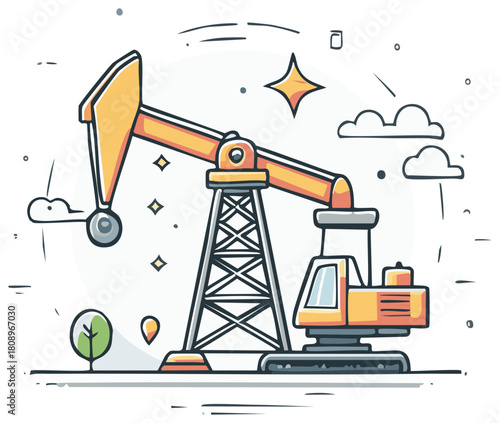 Illustration of oil well with trees clouds and star on white backdrop for petroleum industry