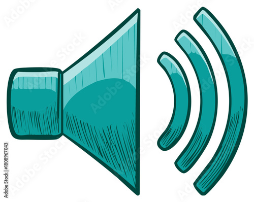Teal colored speaker icon emitting sound waves with sketchy texture