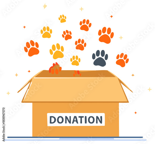 Animal Donation Box with Colorful Paw Prints Falling for Pet Shelter Charity