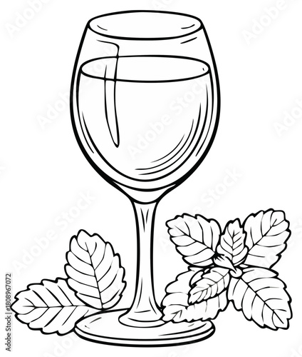 Line drawing of a wine glass filled with liquid and adorned with fresh mint leaves