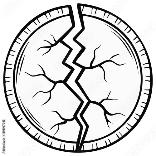 A black and white vector illustration of a cracked and broken ancient coin or medal