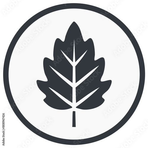 A simple graphic icon of a dark leaf inside a dark circle on a white background