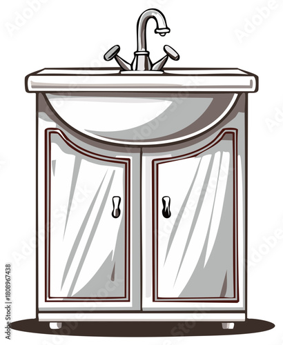 Cartoon illustration of a white bathroom vanity sink with a cabinet and a chrome faucet for home interior design