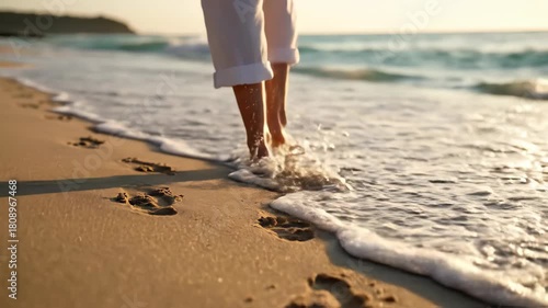 Person walking barefoot on sandy beach leaving footprints near ocean waves at sunset