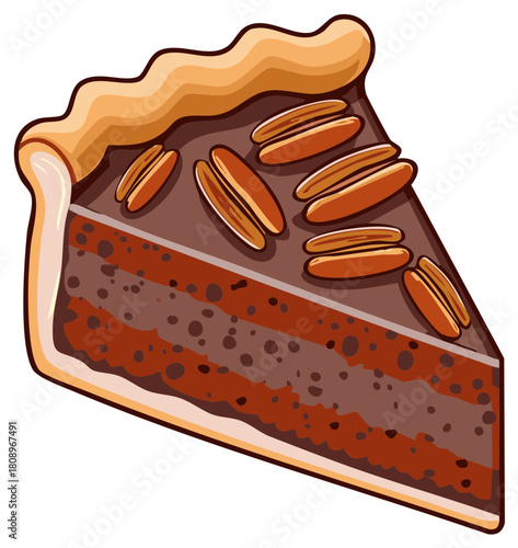 Delicious slice of chocolate pecan pie with flaky crust and rich filling
